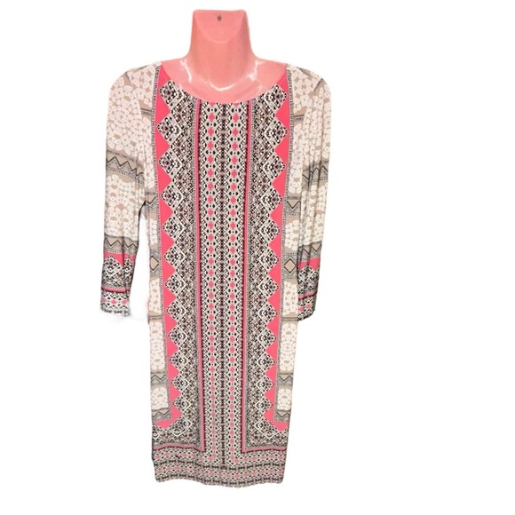 London Style Midi Sz 6 Dress paisley and geometric print black/tan/white/ pink - Picture 2 of 7